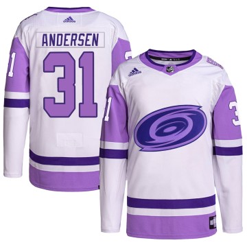 Authentic Adidas Men's Frederik Andersen Carolina Hurricanes Hockey Fights Cancer Primegreen Jersey - White/Purple