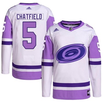 Authentic Adidas Men's Jalen Chatfield Carolina Hurricanes Hockey Fights Cancer Primegreen Jersey - White/Purple