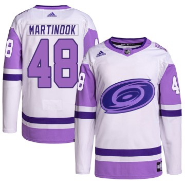 Authentic Adidas Men's Jordan Martinook Carolina Hurricanes Hockey Fights Cancer Primegreen Jersey - White/Purple