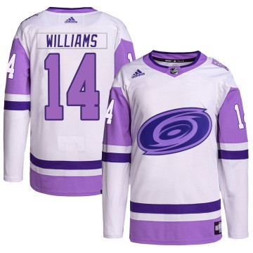 Authentic Adidas Men's Justin Williams Carolina Hurricanes Hockey Fights Cancer Primegreen Jersey - White/Purple