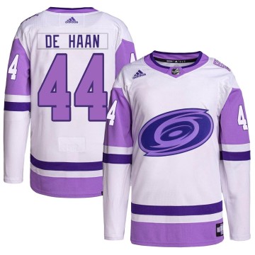 Authentic Adidas Youth Calvin de Haan Carolina Hurricanes Hockey Fights Cancer Primegreen Jersey - White/Purple