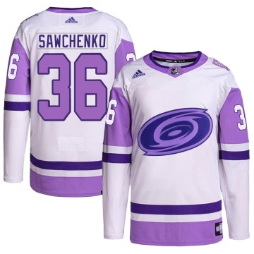 Authentic Adidas Youth Zach Sawchenko Carolina Hurricanes Hockey Fights Cancer Primegreen Jersey - White/Purple